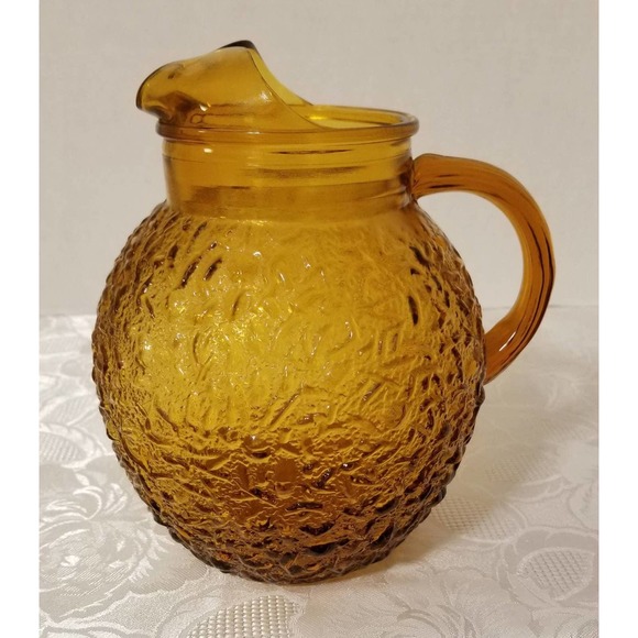 Anchor Hocking 64oz Amber Glass Milano Lido Ball Pitcher And Four 16oz Tumblers - Picture 2 of 9
